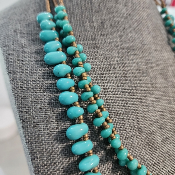 Layered Turquoise Glass Bead Statement Necklace Brass Seed Beads 16–19" - Picture 5 of 8